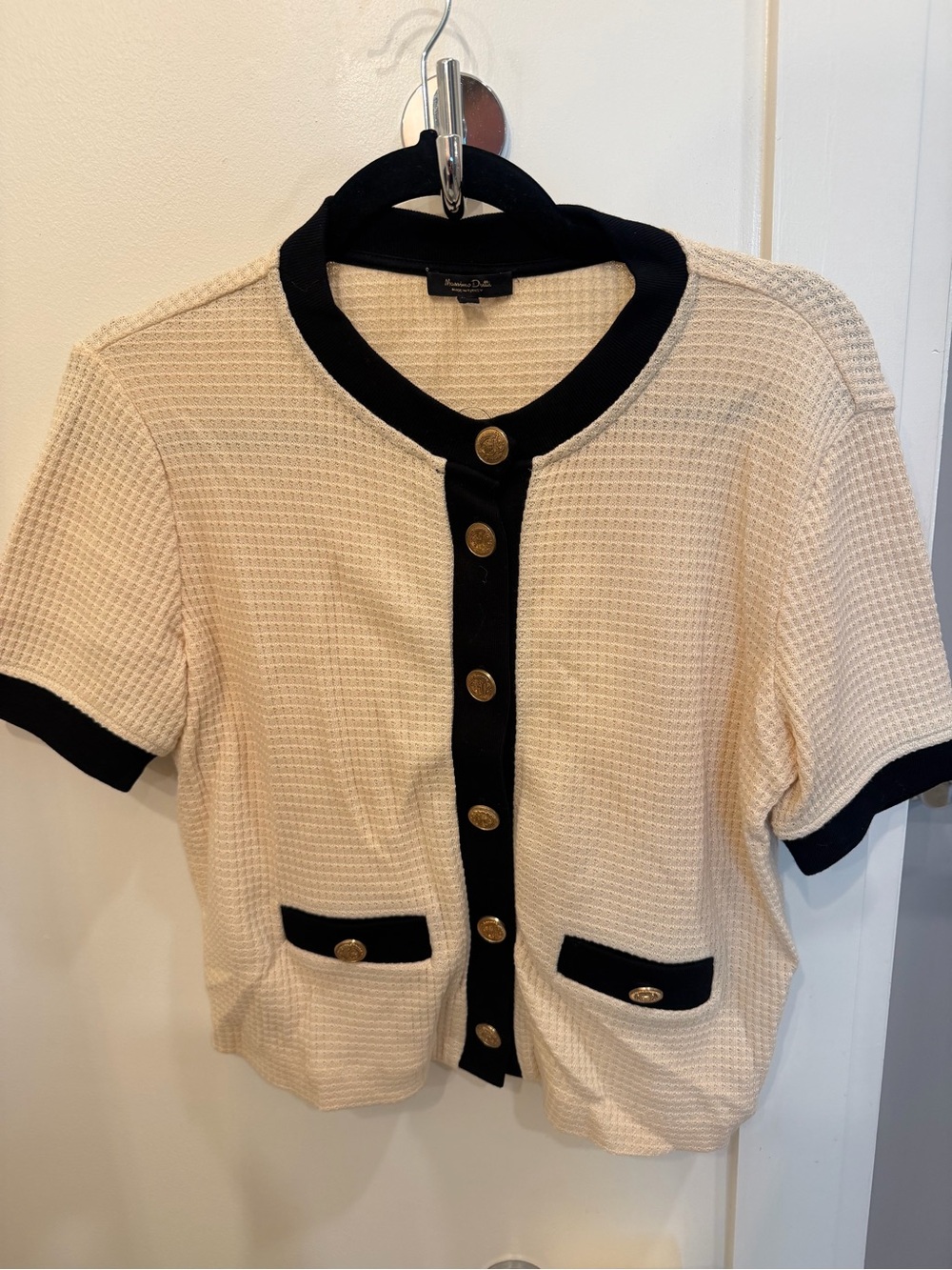 Massimo Dutti Cream Short-Sleeve Knit Cardigan with Black Trim